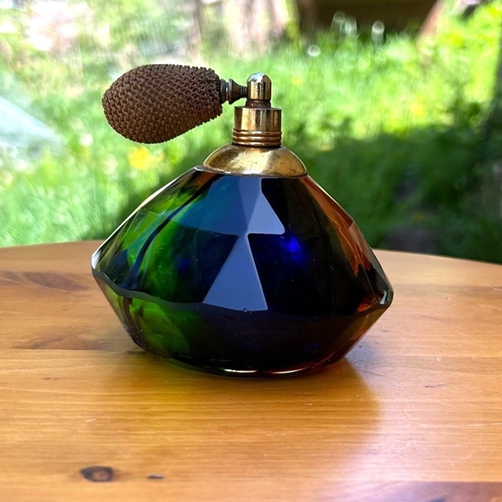 Vintage Sommerso Art Glass Perfume Bottle Emerald Amber Blue Faceted Murano Jewe